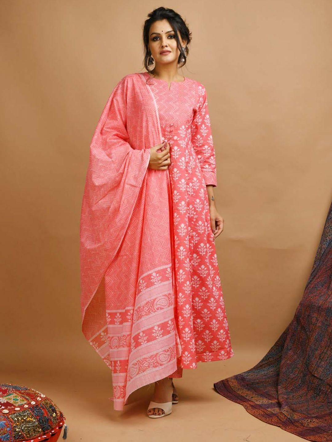 kaajh women pink ethnic motifs printed empire pure cotton kurta with trousers & with dupatta