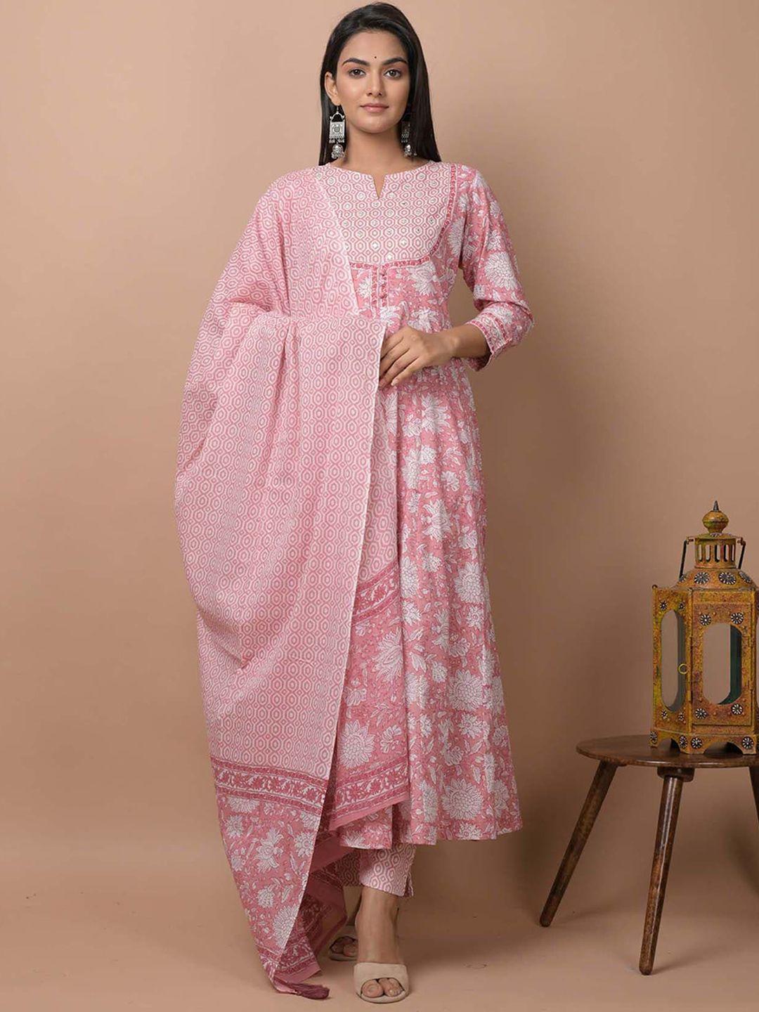 kaajh women pink ethnic motifs printed mirror work pure cotton kurti with trousers & with dupatta