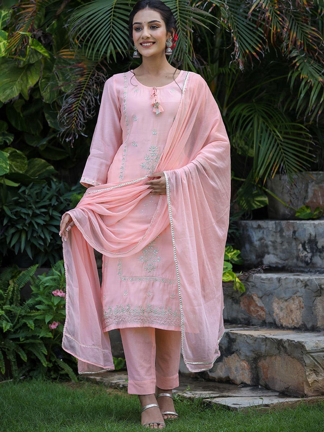 kaajh women pink floral embroidered mirror work pure silk kurta with trousers & with dupatta