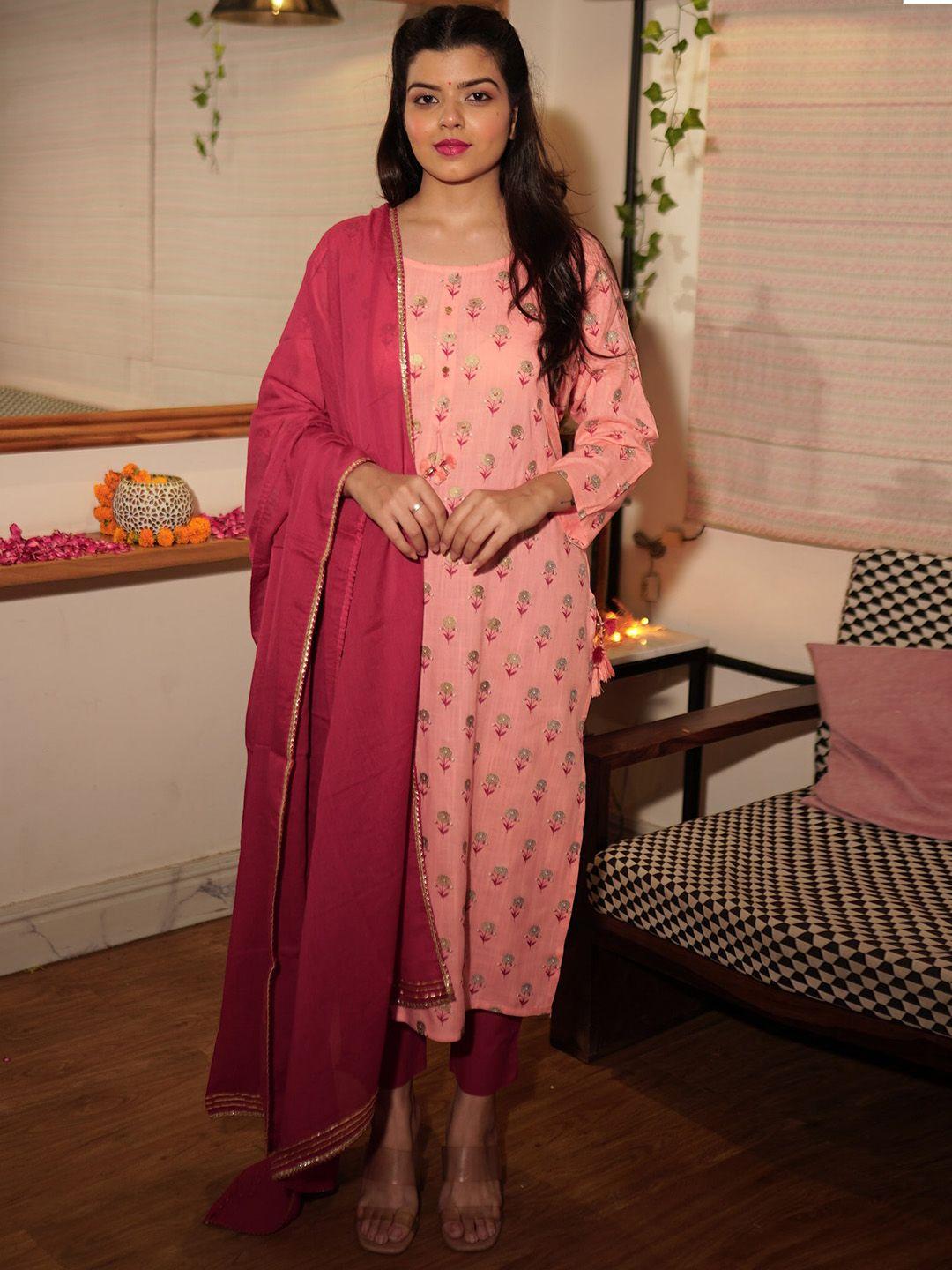 kaajh women pink floral print cotton kurta with trousers & dupatta