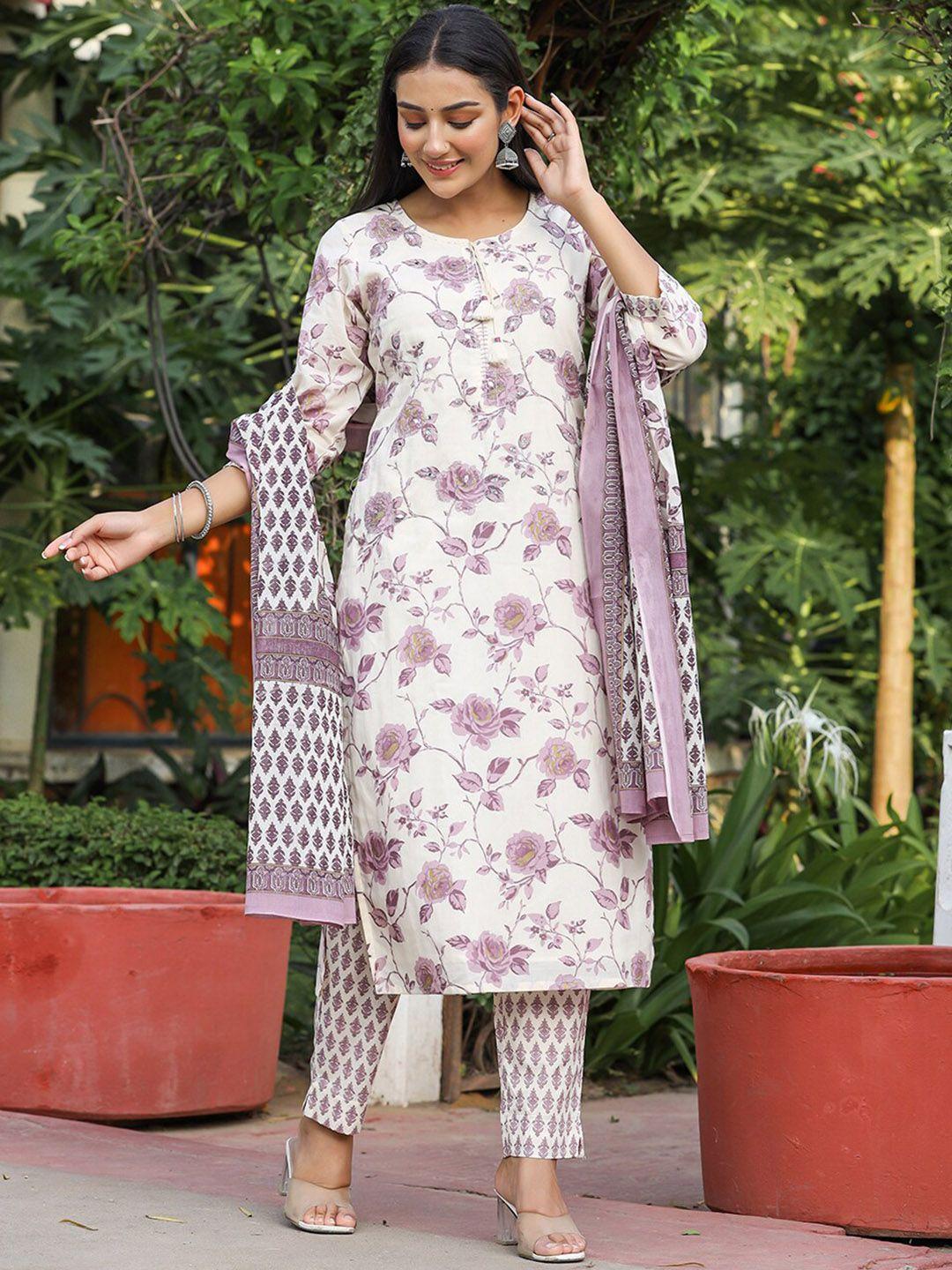 kaajh women purple floral printed regular mirror work pure cotton kurta with trousers & with dupatta