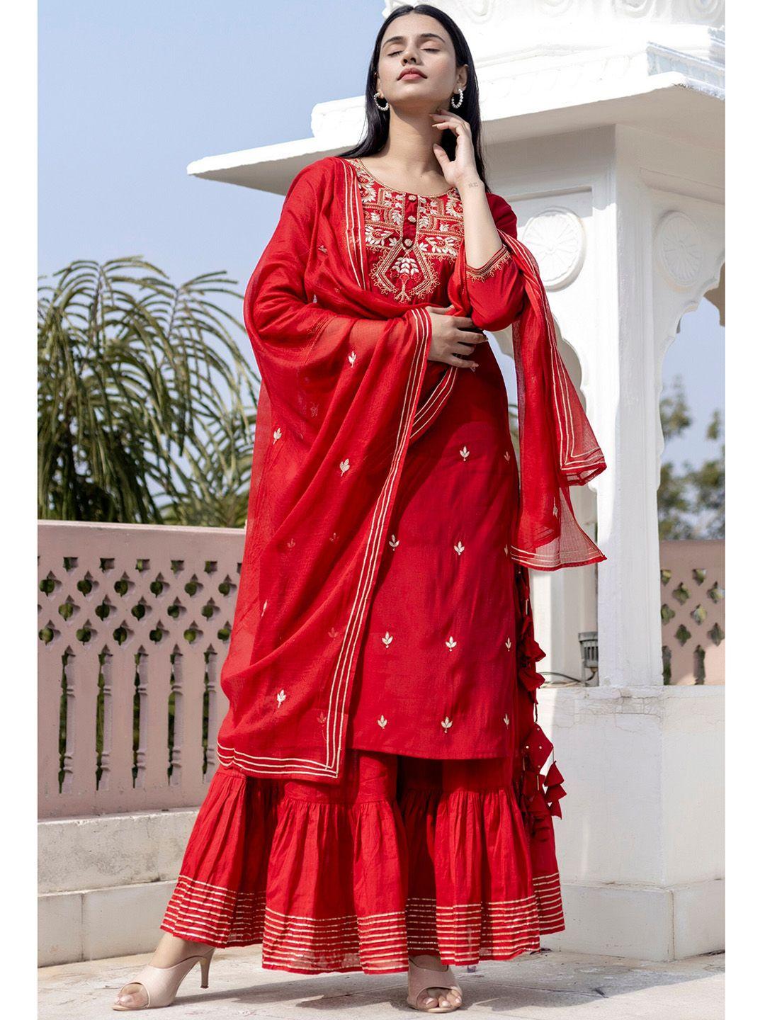 kaajh women red embroidered muslin silk kurta with sharara & dupatta