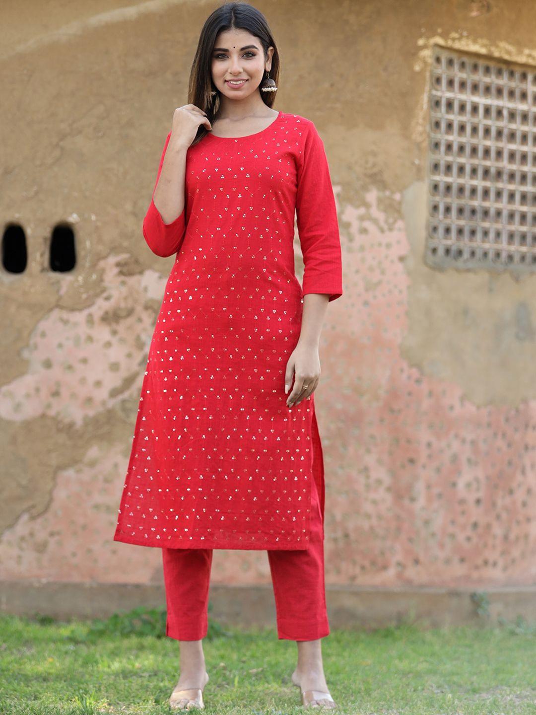 kaajh women red embroidered sequinned pure cotton kurta with trousers