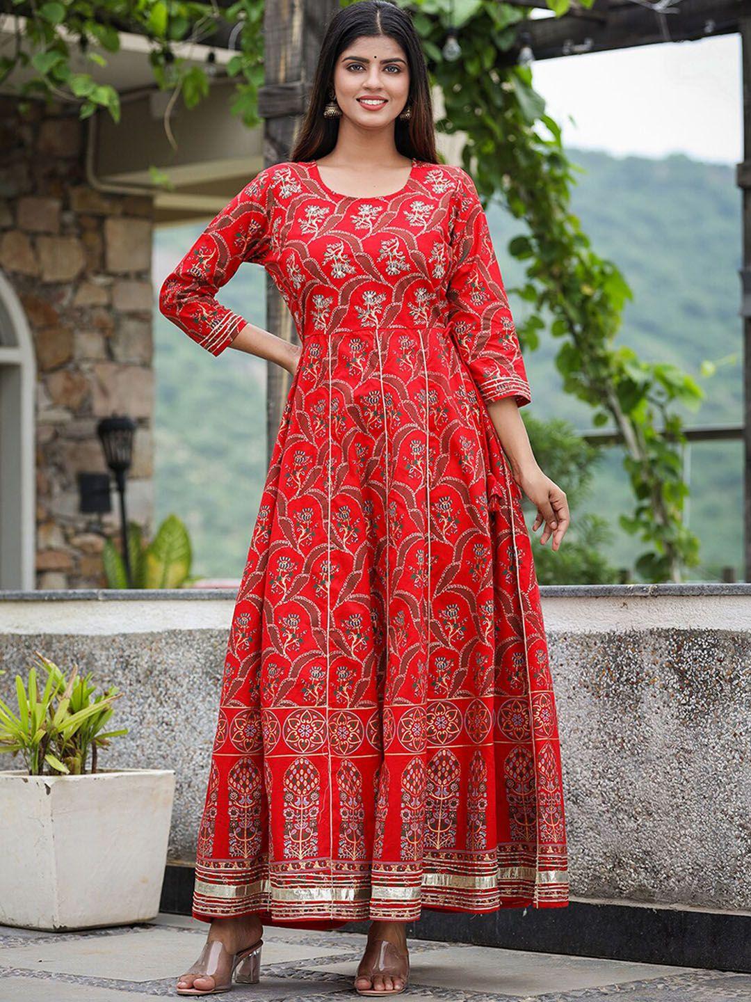 kaajh women red floral ankle-length pure cotton ethnic empire dresses