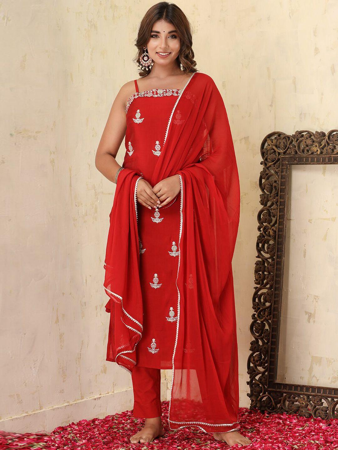 kaajh women red floral embroidered pure silk kurta with trousers & with dupatta
