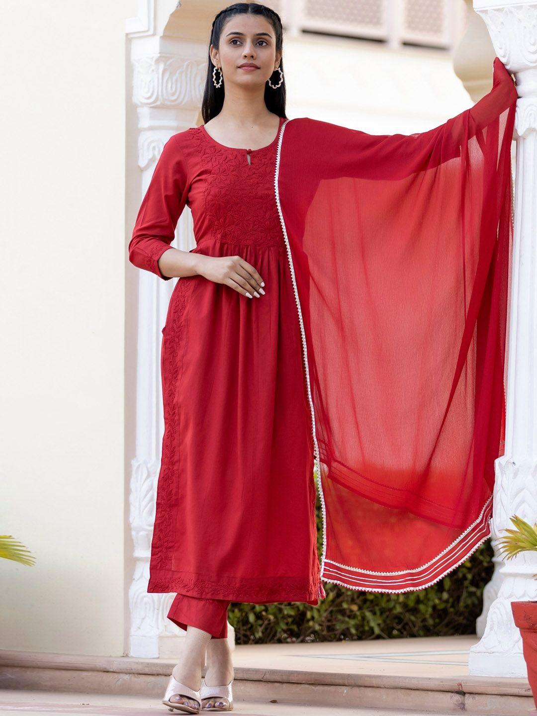 kaajh women red floral pleated chikankari pure cotton kurta with trousers & with dupatta