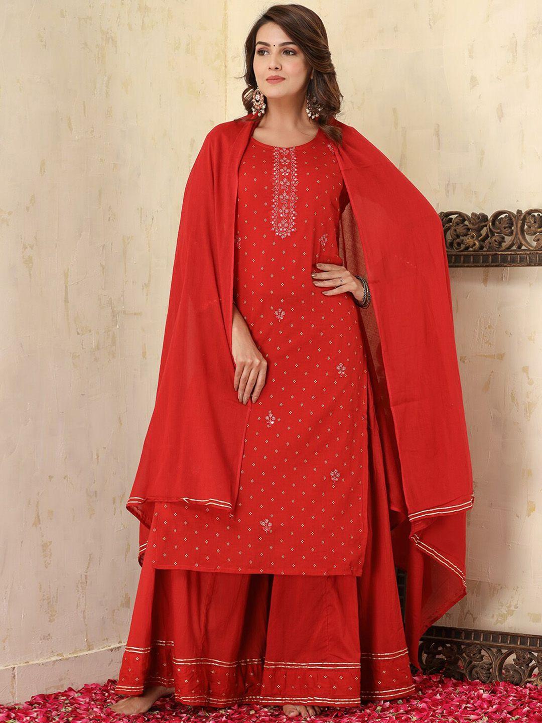 kaajh women red floral printed mirror work pure cotton kurta with sharara & with dupatta