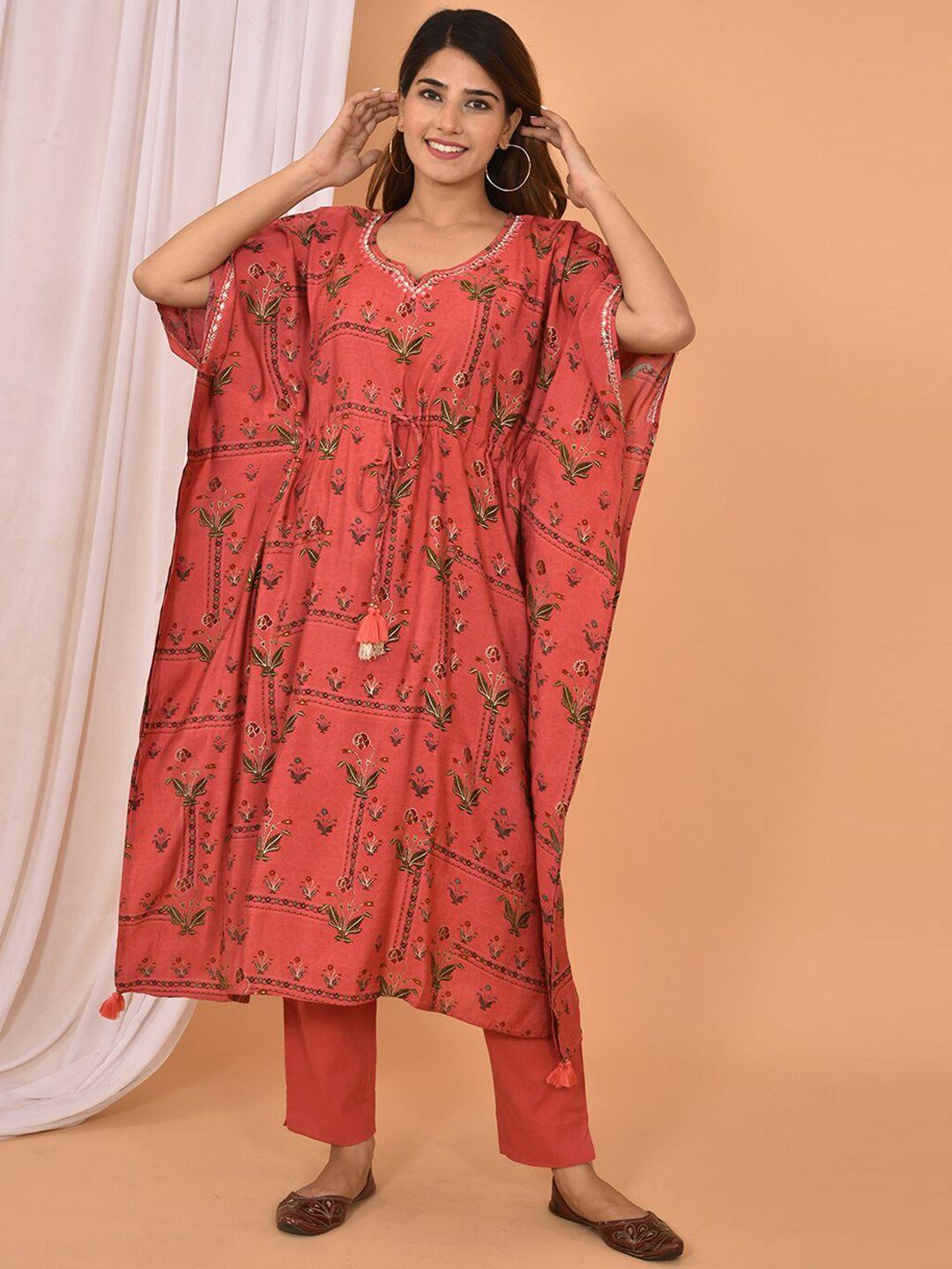 kaajh women red floral printed pure cotton kurta with trouser