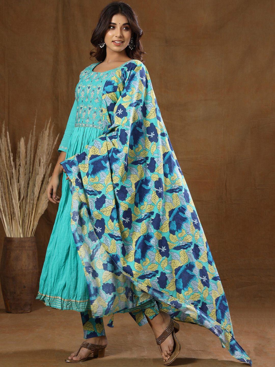 kaajh women turquoise blue ethnic motifs pure cotton kurta with trousers & dupatta