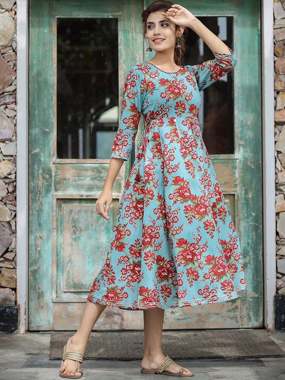 kaajh women turquoise blue printed cotton ethnic dresses