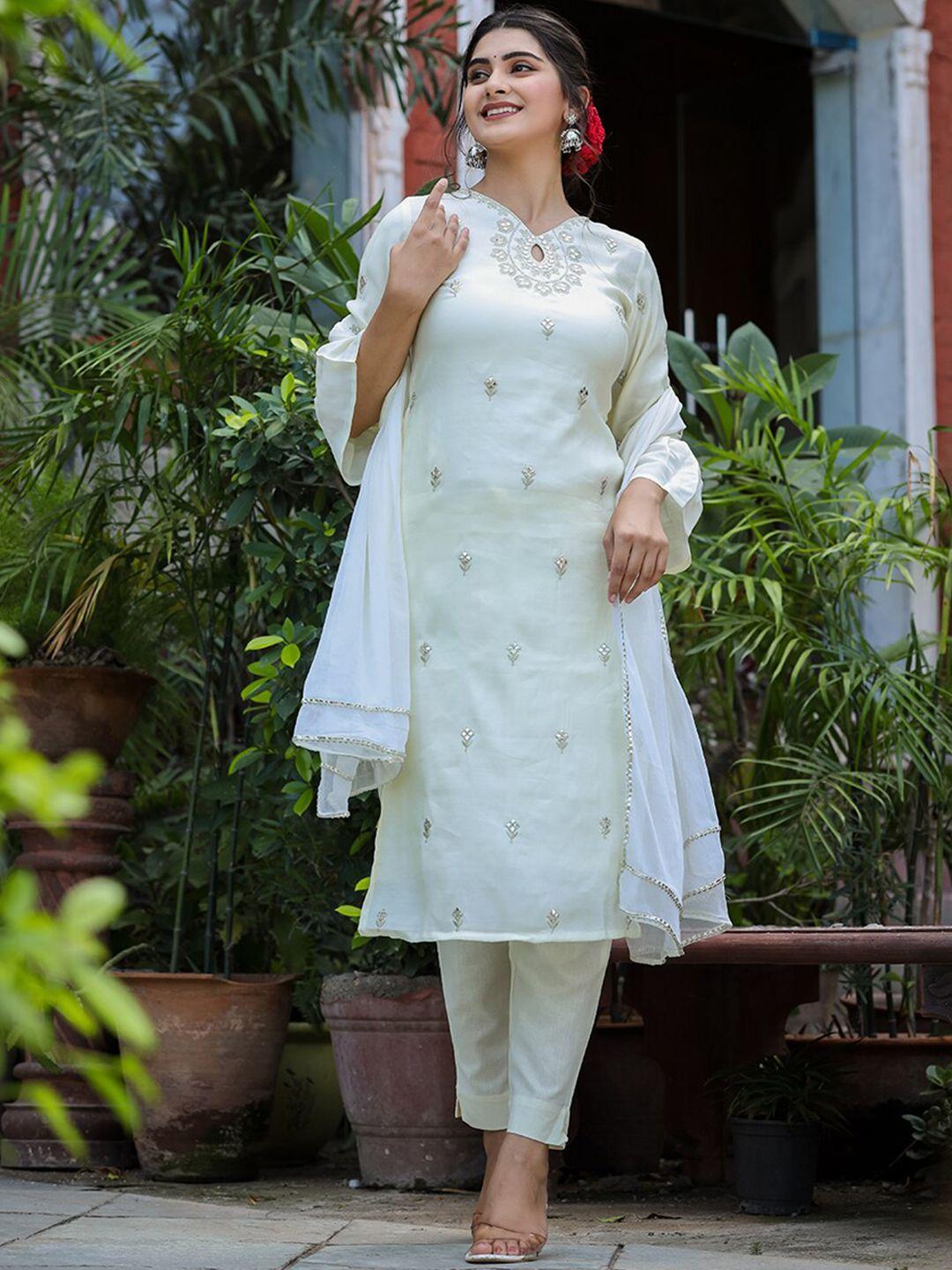 kaajh women white floral printed mirror work pure silk kurta with trousers & with dupatta