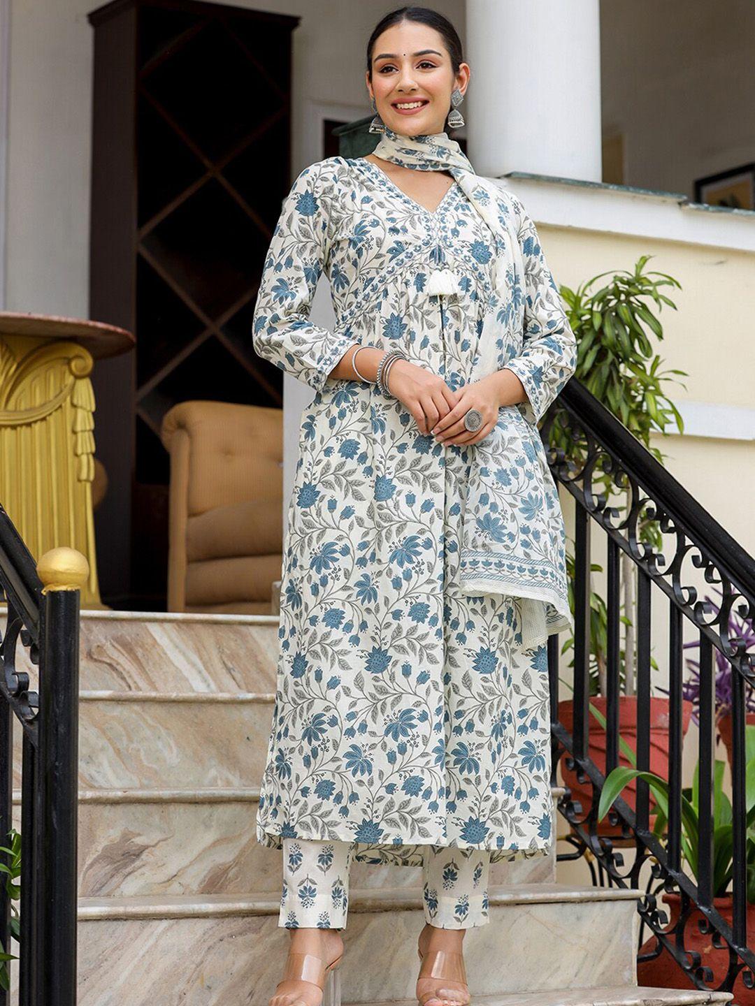 kaajh women white floral printed regular mirror work pure cotton kurta with trousers & with dupatta