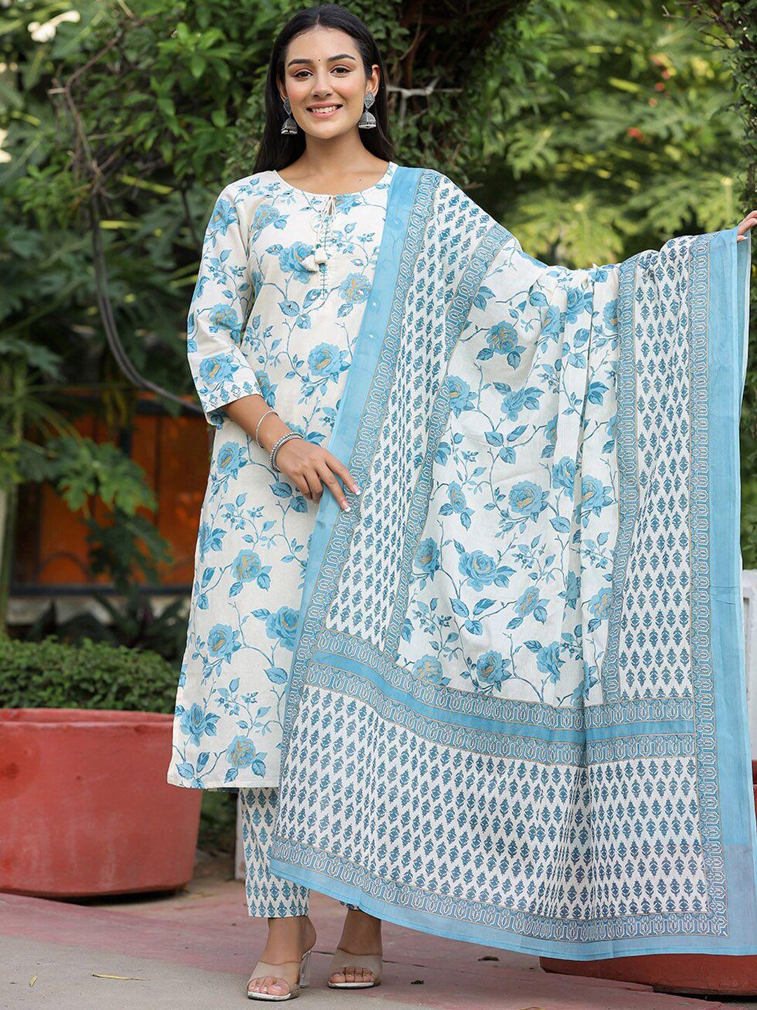 kaajh women white floral printed regular mirror work pure cotton kurta with trousers & with dupatta