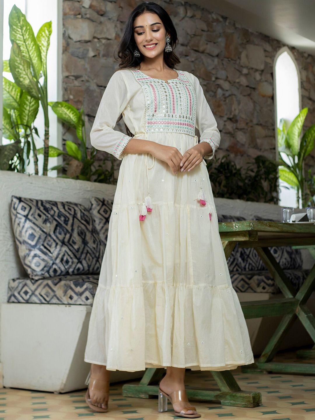 kaajh women white mirror embroidered cotton maxi ethnic dress