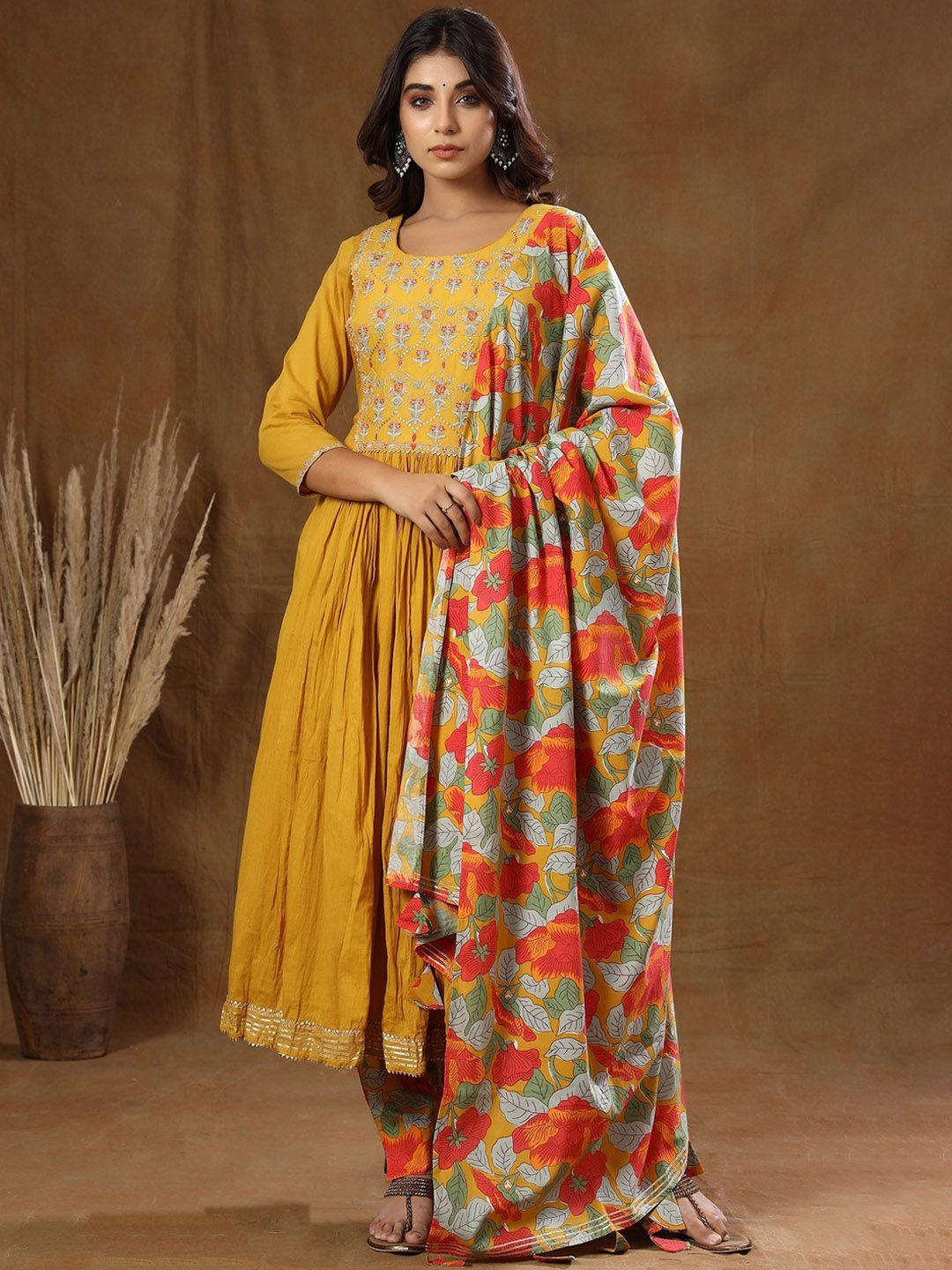 kaajh women yellow ethnic motifs embroidered cotton kurta with trousers & with dupatta