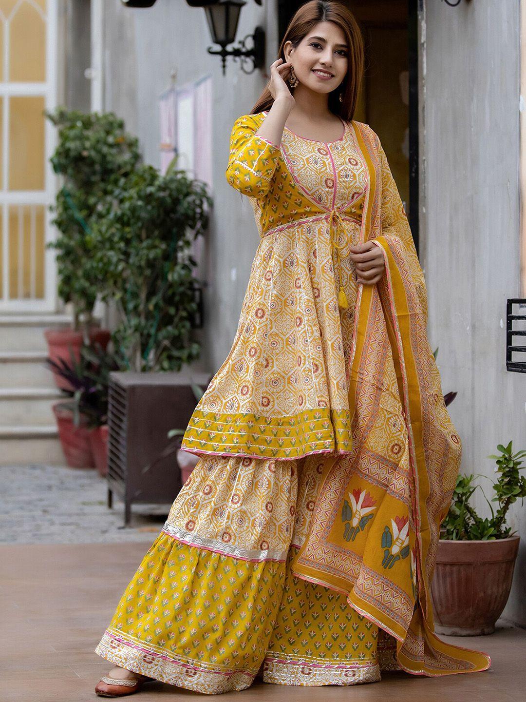 kaajh women yellow ethnic motifs empire pure cotton kurta with sharara & dupatta