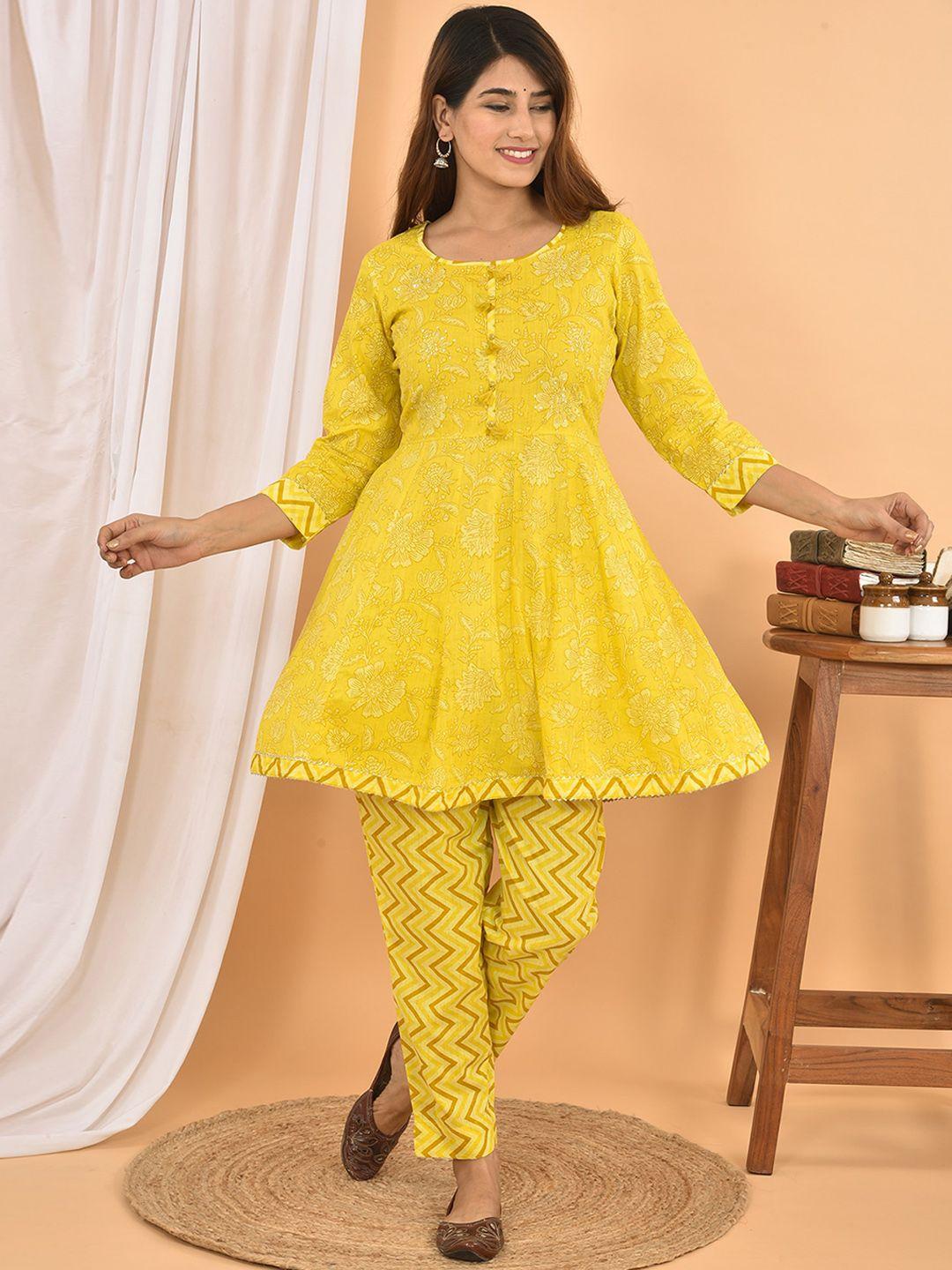 kaajh women yellow printed sequinned pure cotton kurti with trousers