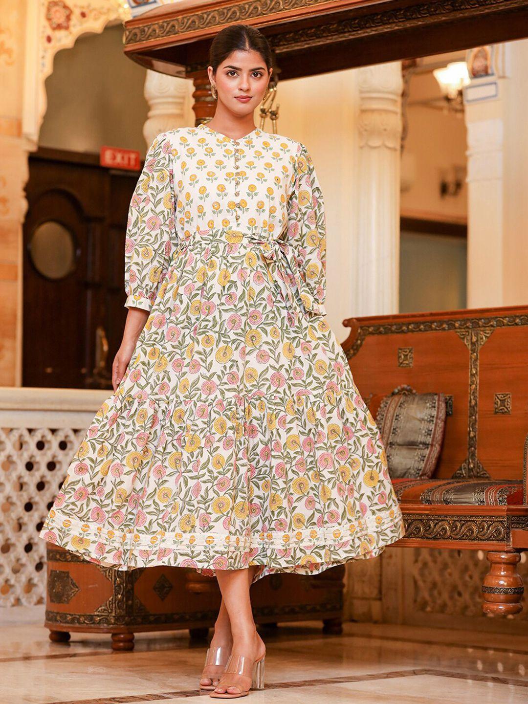 kaajh yellow floral print flared sleeve a-line midi dress