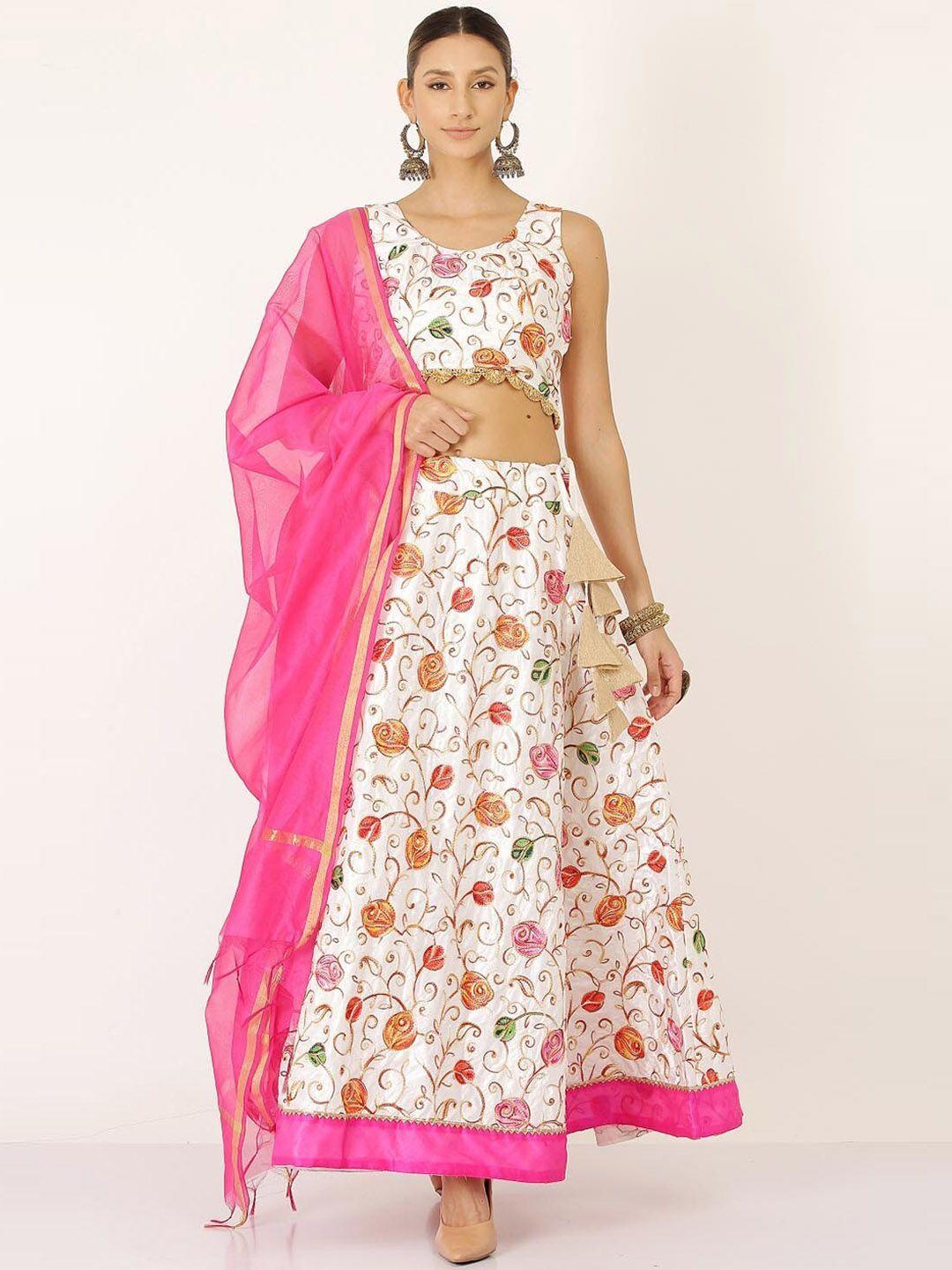 kaanchie nanggia white & pink embroidered thread work ready to wear lehenga & blouse with dupatta