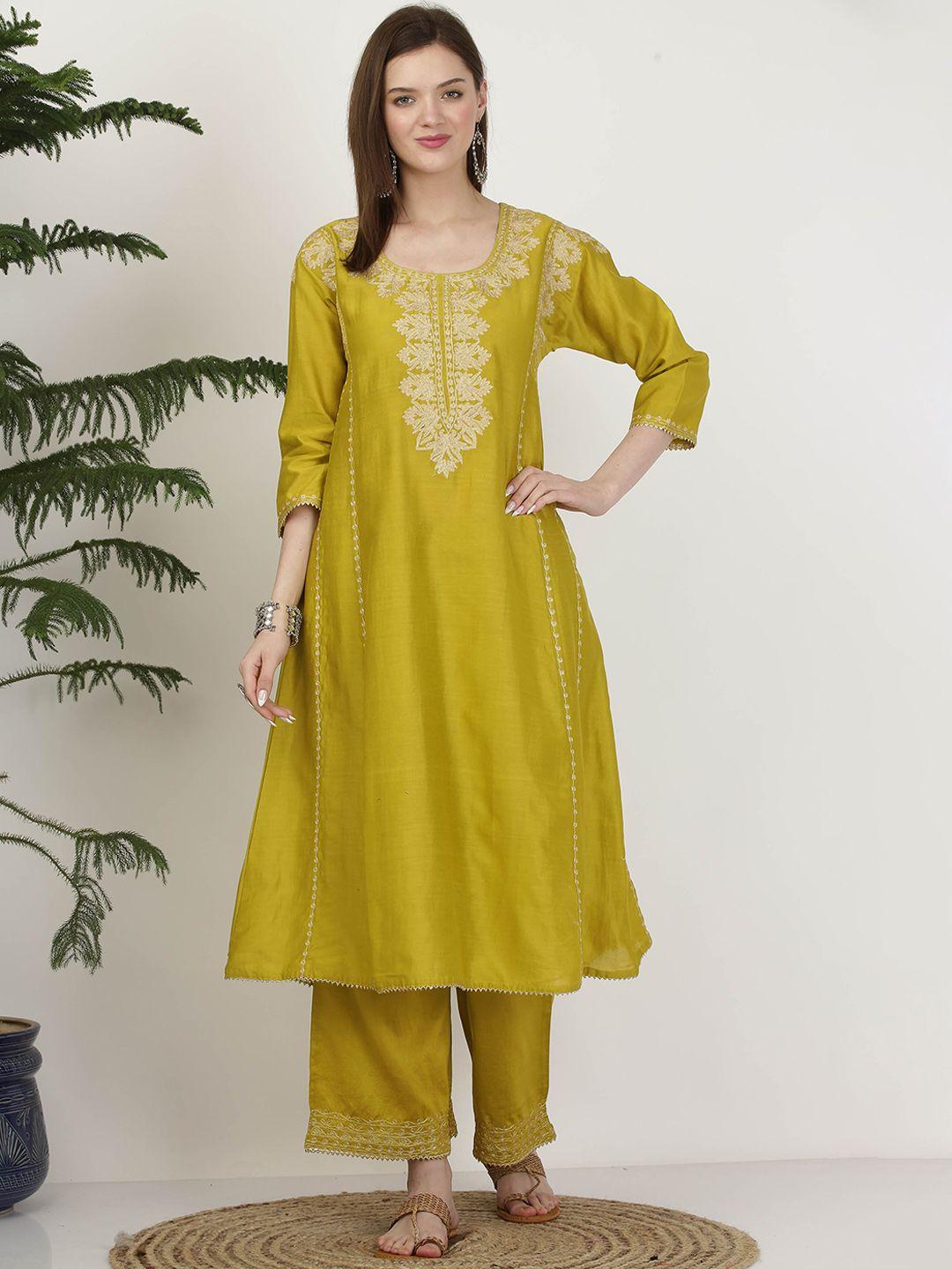 kaanchie nanggia women green ethnic motifs embroidered panelled pure silk kurta with palazzos