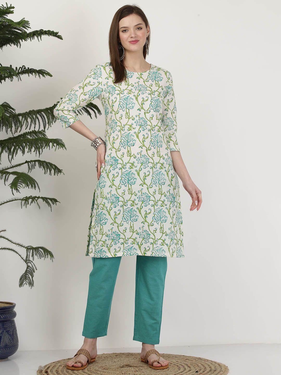 kaanchie nanggia women turquoise blue floral printed pure cotton kurta with trousers