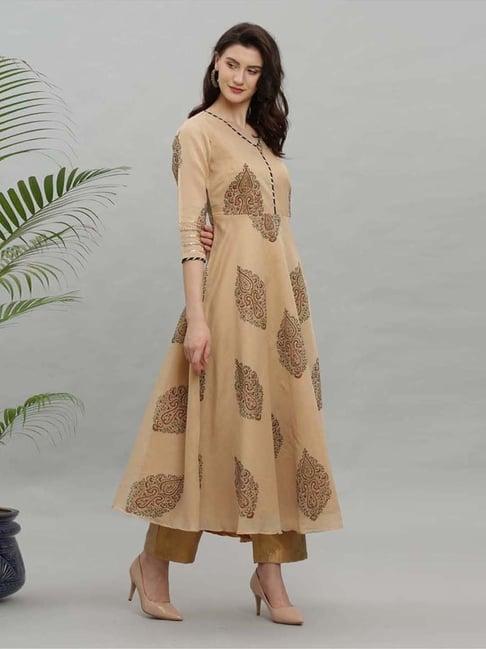 kaanchie nanggia beige printed chanderi set of kurta pants