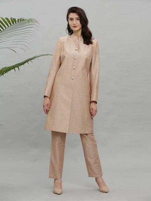 kaanchie nanggia beige solid jacket kurta and pant (set of 2)