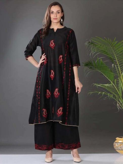 kaanchie nanggia black embroidered cotton silk kurta pallazo (set of 2)