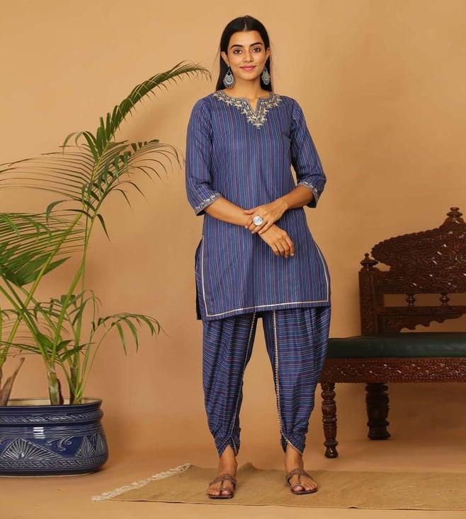 kaanchie nanggia blue cotton embroidered short length kurta with dhoti pants