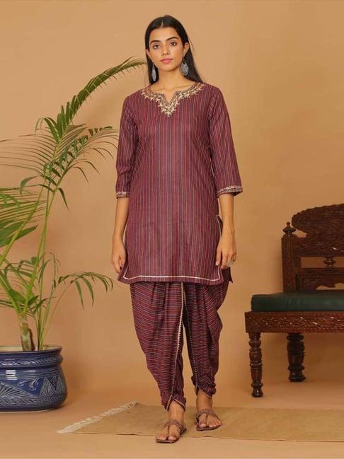 kaanchie nanggia brown cotton embroidered short length kurta with dhoti pants