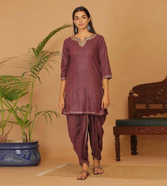 kaanchie nanggia brown cotton embroidered short length kurta with dhoti pants