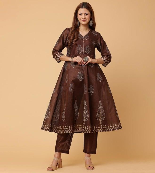 kaanchie nanggia brown flayred printed kurta with pant