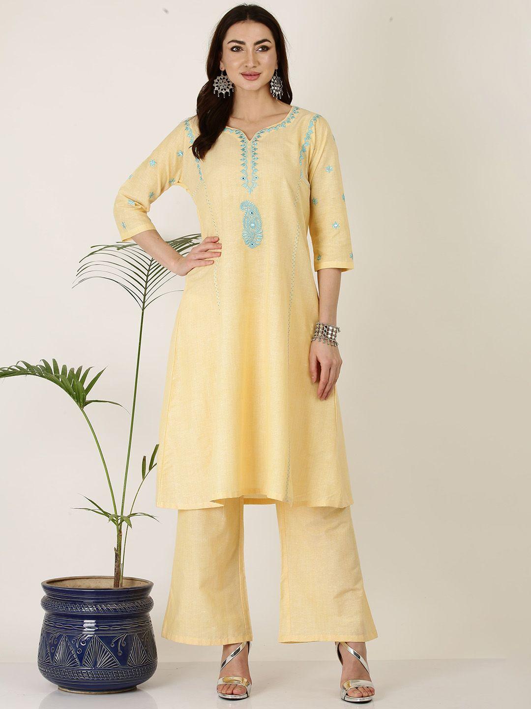 kaanchie nanggia ethnic motifs embroidered mirror work pure cotton kurta with trousers