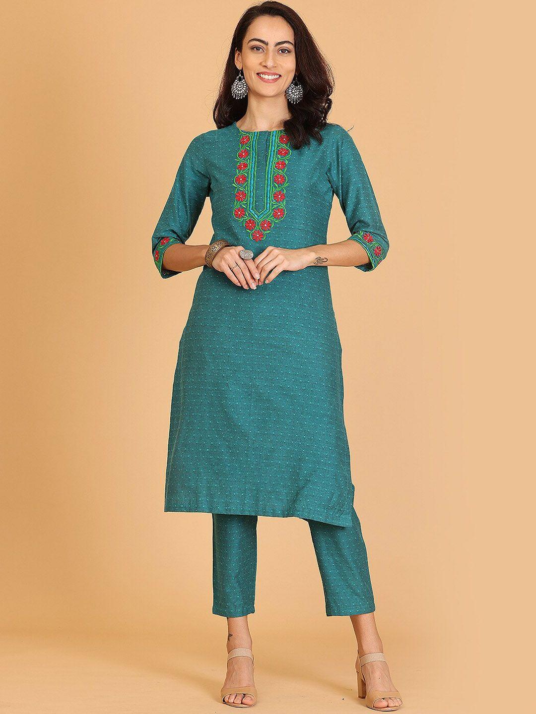 kaanchie nanggia floral embroidered straight pure cotton kurta with trousers