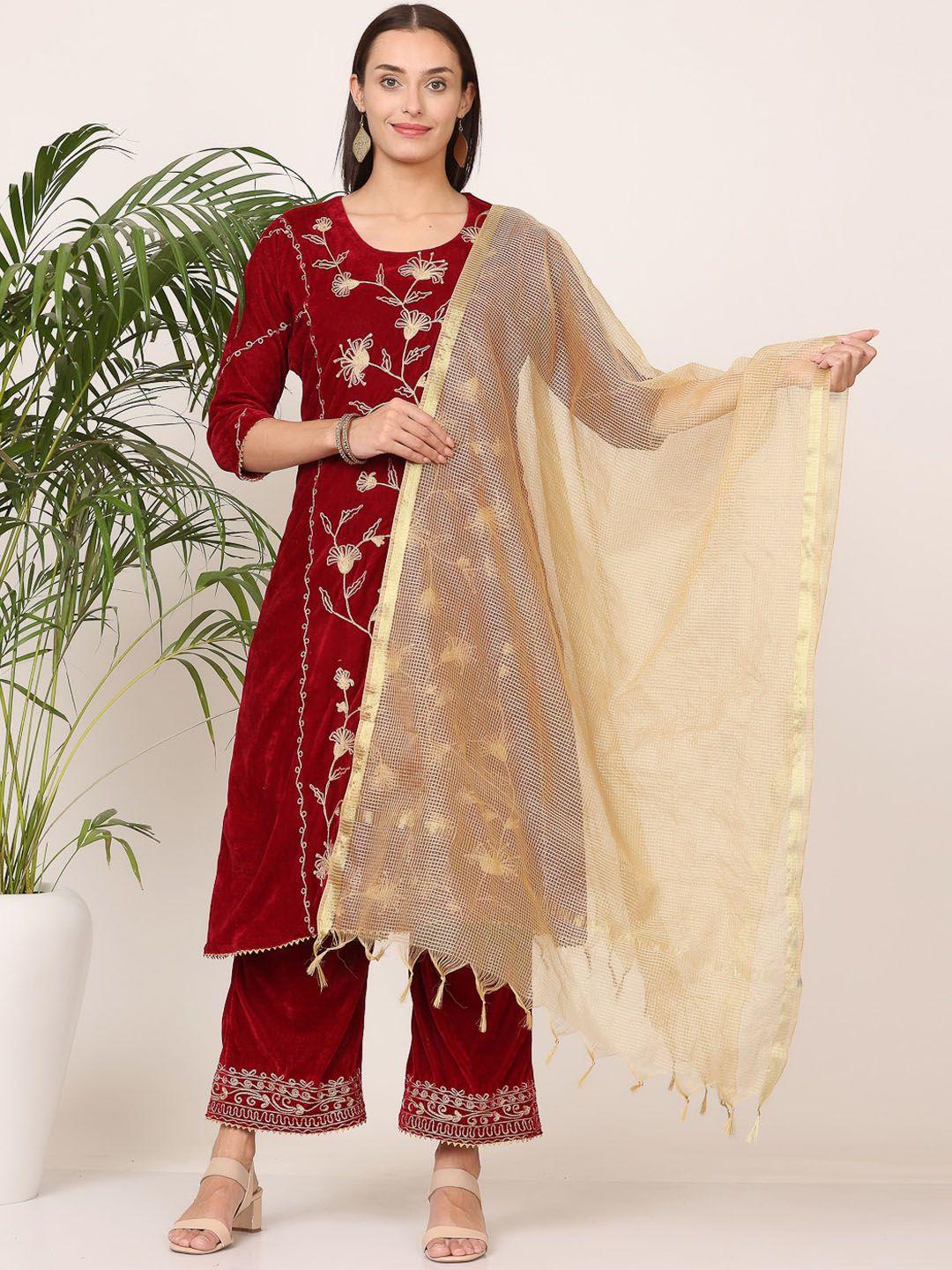 kaanchie nanggia floral embroidered velvet straight kurta with palazzos & dupatta