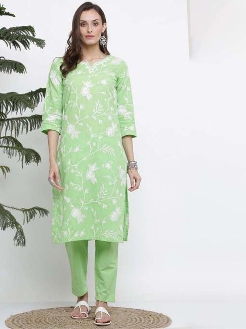 kaanchie nanggia green cotton embroided kurta pant set