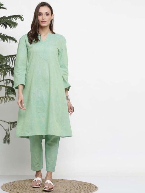 kaanchie nanggia green cotton flayerd kurta pant set