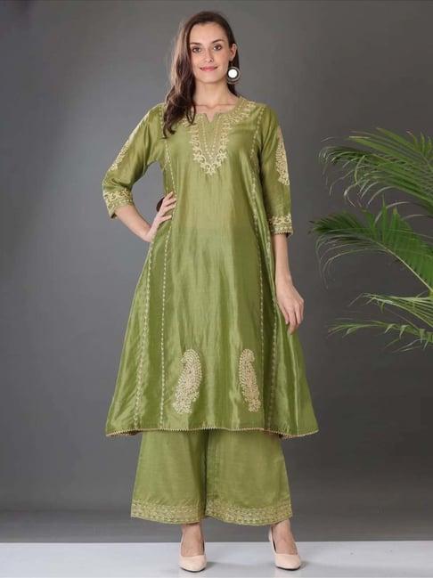 kaanchie nanggia green embroidered cotton silk kurta pallazo (set of 2)