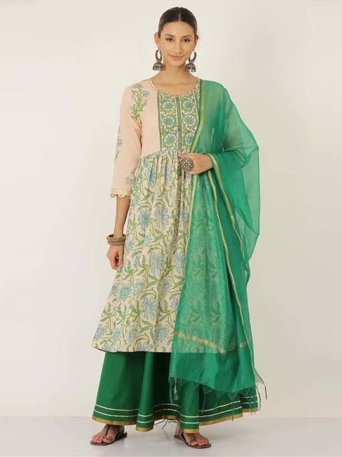 kaanchie nanggia green printed kurta and skirt with dupatta (set of 3)