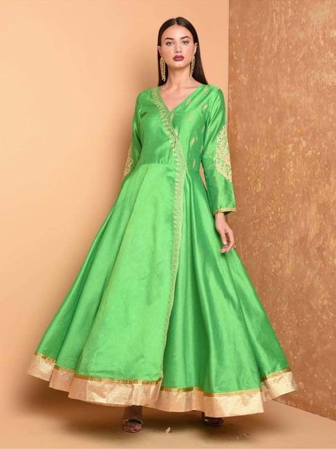 kaanchie nanggia green silk blend embroidered anarkali kurta