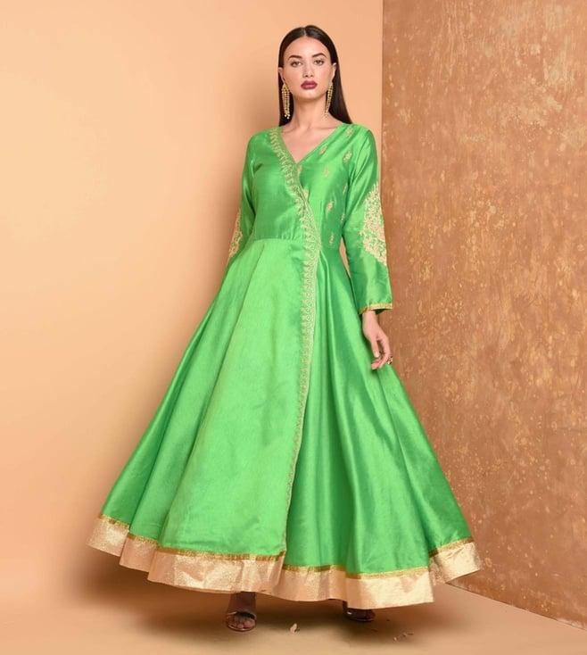 kaanchie nanggia green silk blend embroidered anarkali kurta