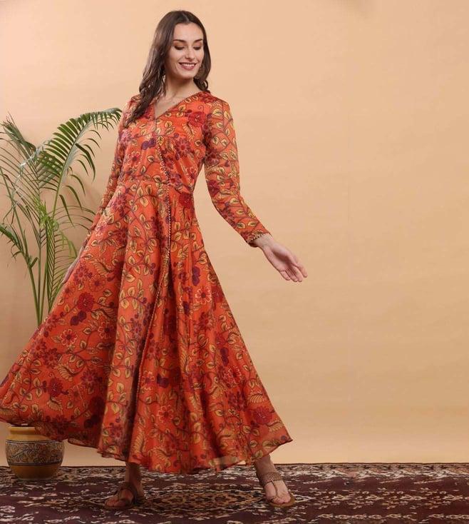 kaanchie nanggia orange floral printed anarkali