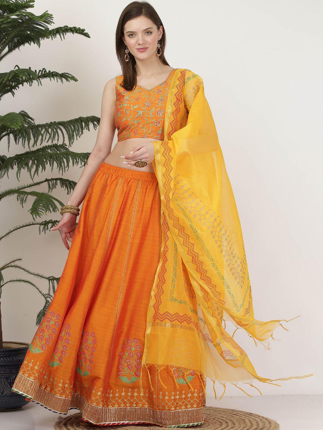 kaanchie nanggia orange printed ready to wear lehenga & blouse with dupatta