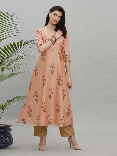 kaanchie nanggia peach printed chanderi set of kurta pants