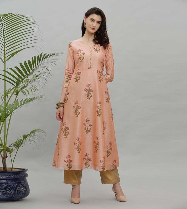 kaanchie nanggia peach printed chanderi set of kurta pants