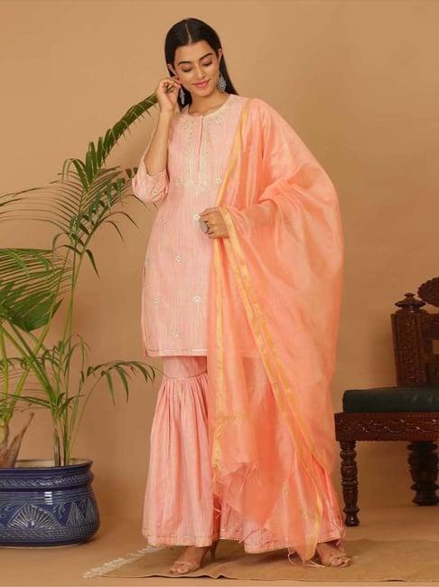 kaanchie nanggia pink cotton embroidered kurta sharara with dupatta set