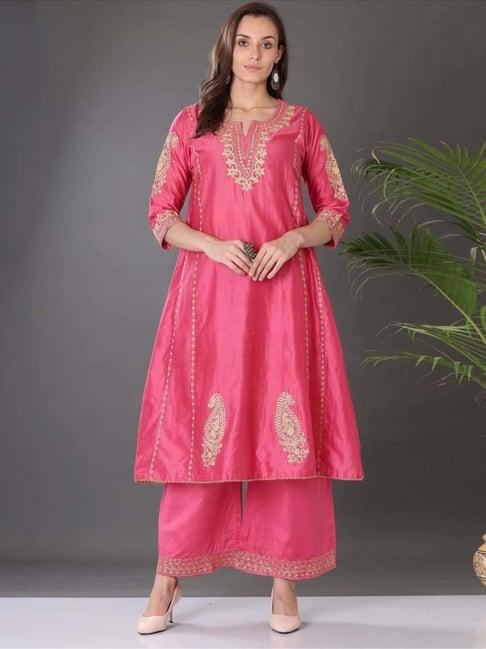 kaanchie nanggia pink embroidered cotton silk kurta pallazo (set of 2)