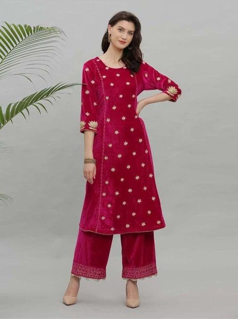 kaanchie nanggia pink embroidery velvet set of kurta palazzo