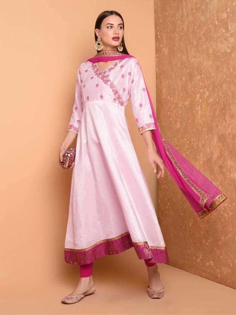 kaanchie nanggia pink silk anarkali and legging with dupatta (set of 3)