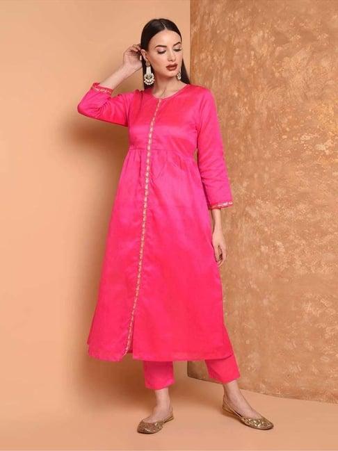 kaanchie nanggia pink solid straight kurta with pant (set of 2)